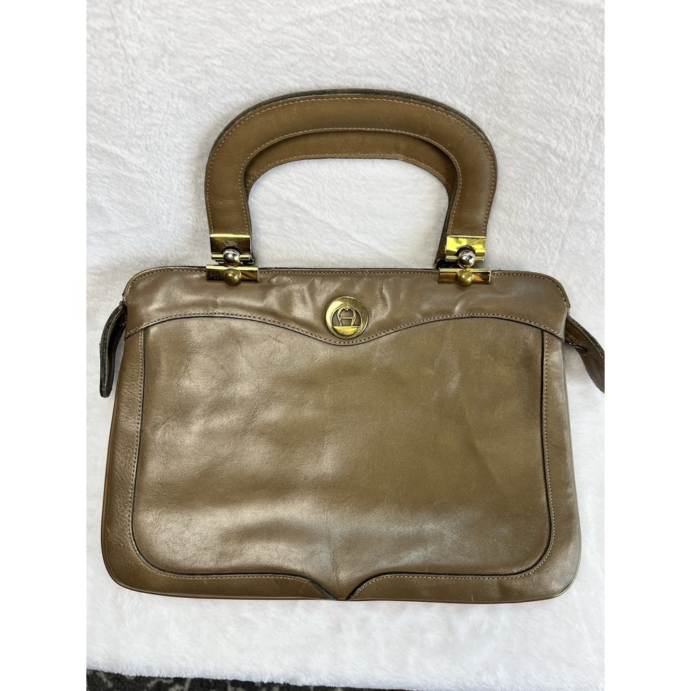 Vintage Etienne Aigner Handbag Purse Double Handle‎ Taupe Leather Clutch 1970s